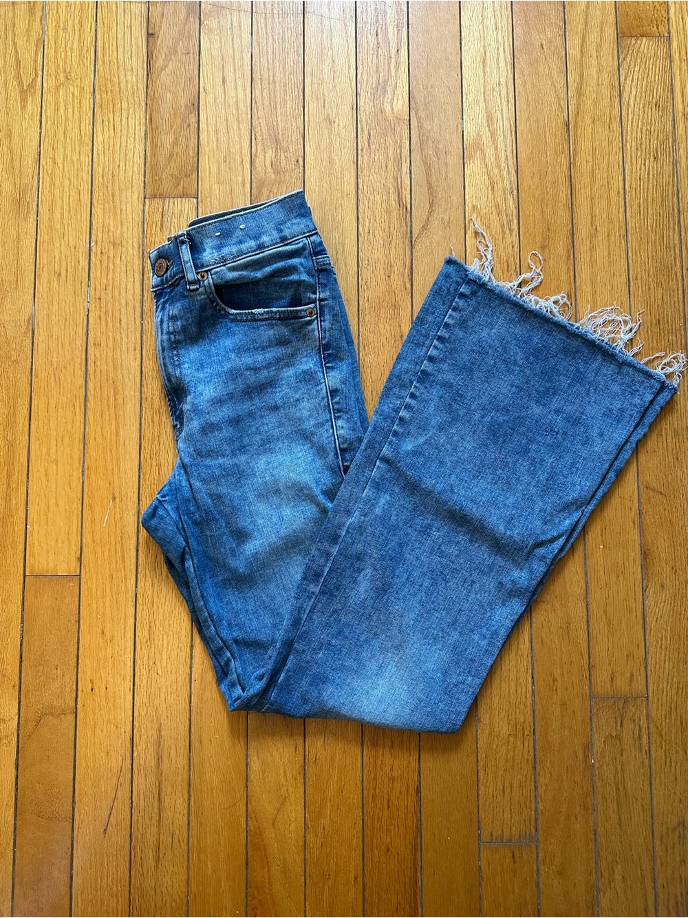 Express Blue Frayed Hem Wide Leg Jeans